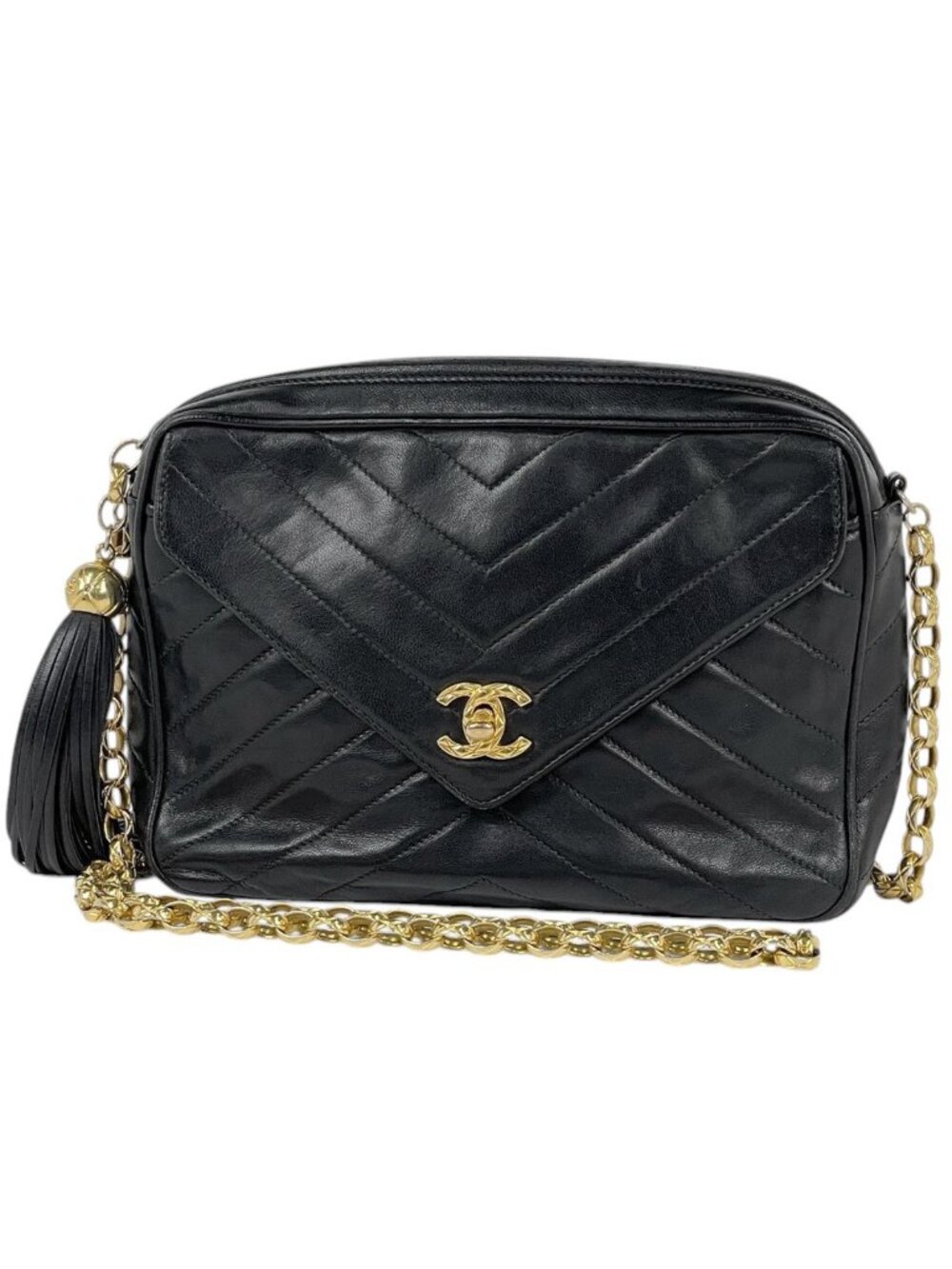 Chanel Shoulder Bag CC Logo Tassel Leather Black